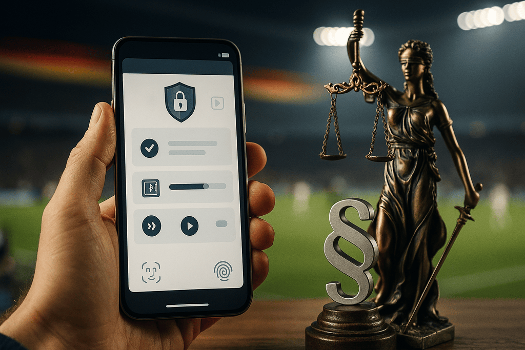 Hero-Foto zu Neue Wettanbieter in Deutschland: Smartphone mit neutraler Sportwetten-App, Justitia-Waage und Schwarz-Rot-Gold-Licht; Visualisierung von GlüStV 2021, GGL, LUGAS, OASIS, Livewetten, Cashout, Mobile-First, Personalisierung und verantwortungsbewusstem Spielerschutz im seriösen Stadion-Setting.